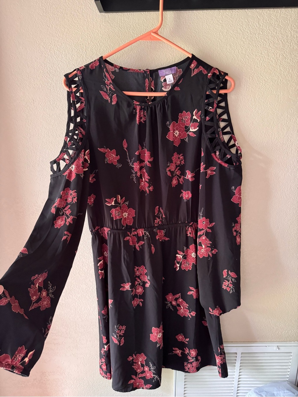 Black Floral Cold-Shoulder Long Sleeve Dress with Rose Print